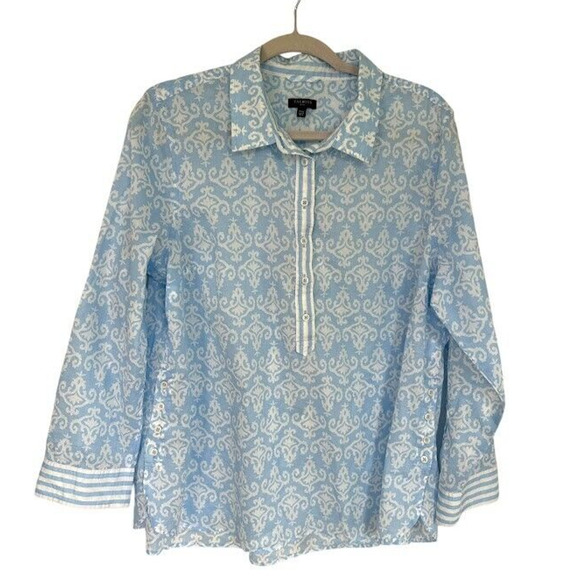 Talbots Tunic Top Shirt Womens XL Petite Blue White Medallion Print Button Flowy - Picture 2 of 9